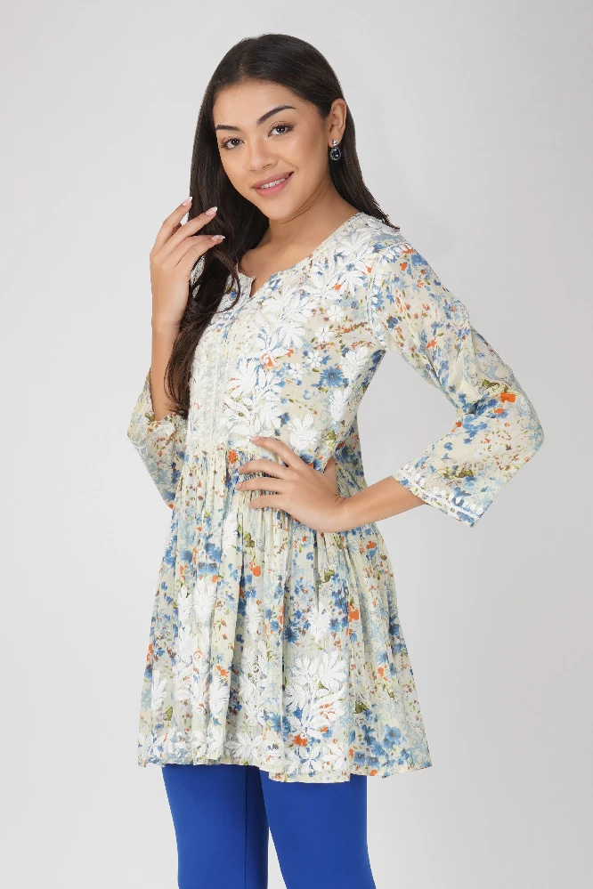 Blue Short Malmal Cotton Chikankari Gown-3.webp